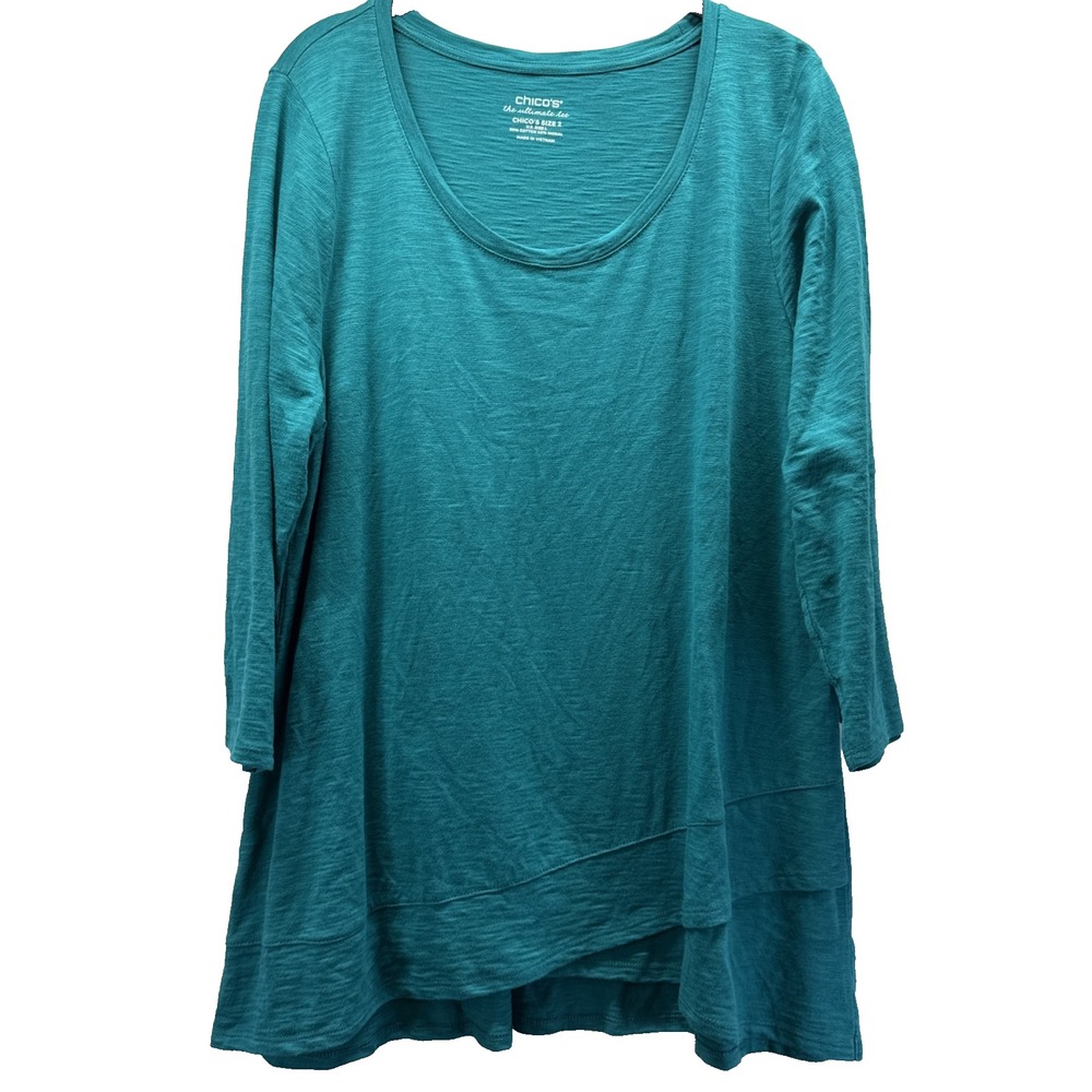 Chicos Ultimate Tee Size Large Green Tunic Asymmetrical 3/4 Sleeves Slub Cotton